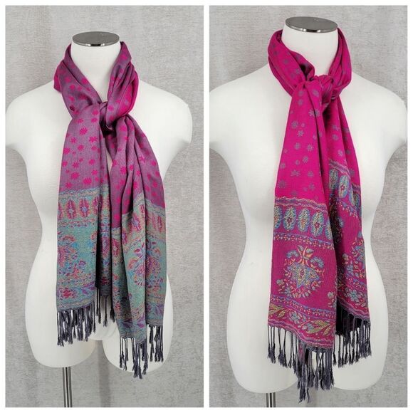 100% Cashmere Kani Shawl Scarf Vivid Pink Teal Blue with Fringe - Picture 1 of 12